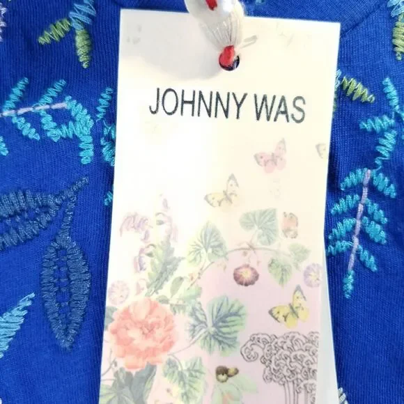 Johnny Was Oriel Flutter Sleeve Tee Shirt Size XS Blue Embroidered Boho Chic NEW - Picture 2 of 11